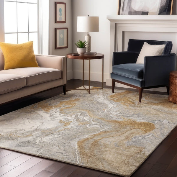 HomeRoots 5' X 8' Modern Graphite Beige Ivory Abstract Washable Area Rug with UV Protection & Non-Slip Backing 697070