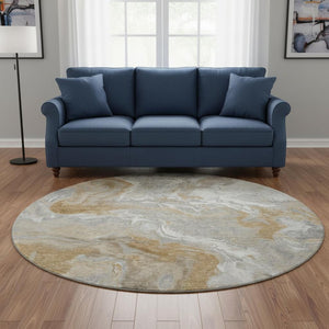 HomeRoots 8' Washable Graphite Beige Ivory Abstract Round Rug - UV Protected, Durable & Ideal for High-Traffic Homes 697071