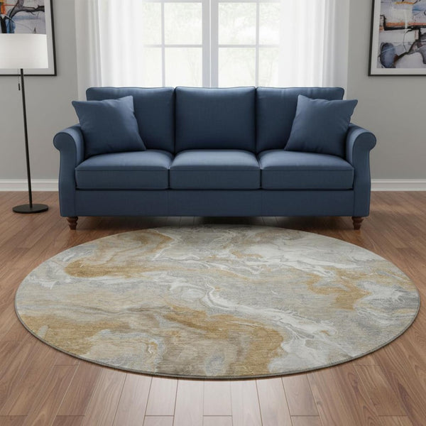 HomeRoots 8' Washable Graphite Beige Ivory Abstract Round Rug - UV Protected, Durable & Ideal for High-Traffic Homes 697071