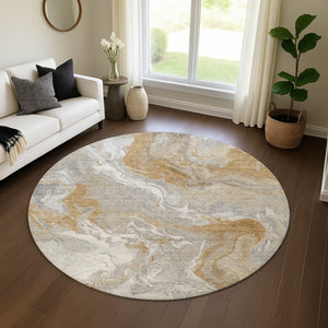 HomeRoots 8' Washable Graphite Beige Ivory Abstract Round Rug - UV Protected, Durable & Ideal for High-Traffic Homes 697071