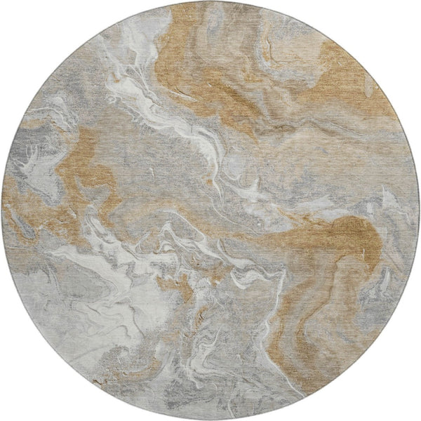 HomeRoots 8' Washable Graphite Beige Ivory Abstract Round Rug - UV Protected, Durable & Ideal for High-Traffic Homes 697071