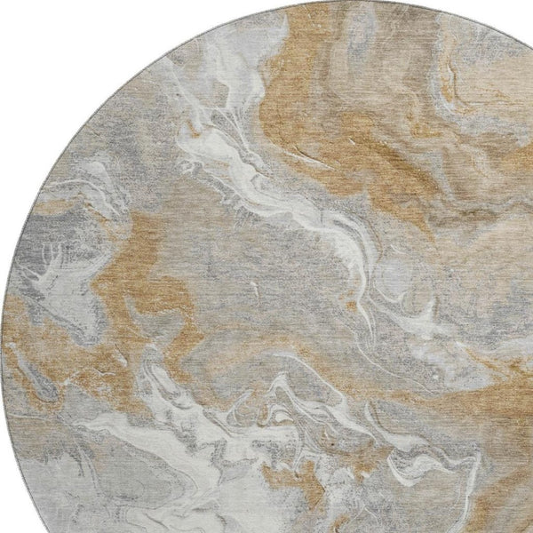 HomeRoots 8' Washable Graphite Beige Ivory Abstract Round Rug - UV Protected, Durable & Ideal for High-Traffic Homes 697071
