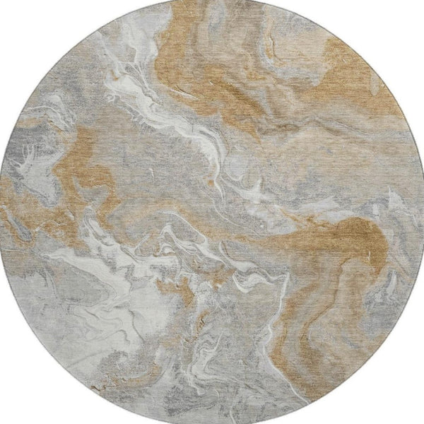HomeRoots 8' Washable Graphite Beige Ivory Abstract Round Rug - UV Protected, Durable & Ideal for High-Traffic Homes 697071