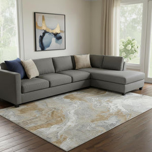 HomeRoots 8' X 10' Washable Graphite Beige and Ivory Abstract Area Rug with UV Protection for High-Traffic Spaces 697072