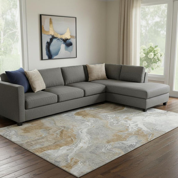HomeRoots 8' X 10' Washable Graphite Beige and Ivory Abstract Area Rug with UV Protection for High-Traffic Spaces 697072