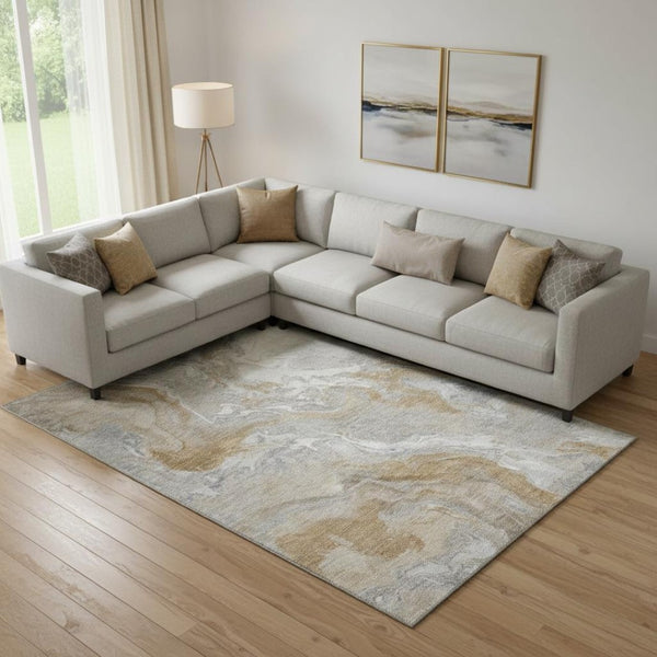 HomeRoots 9' X 12' Stylish Graphite Beige & Ivory Abstract Washable Area Rug with UV Protection & Comfort 697073