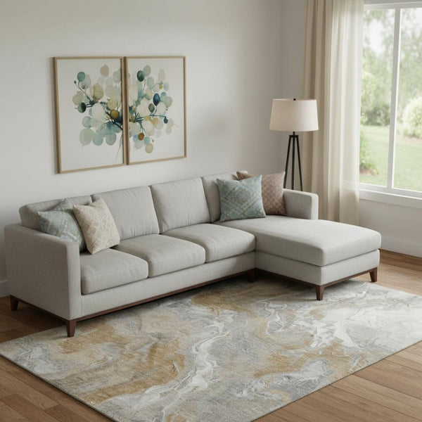 HomeRoots 10' X 14' Graphite Beige Ivory Abstract Area Rug - Washable, UV-Protected, Perfect for High-Traffic Areas 697074