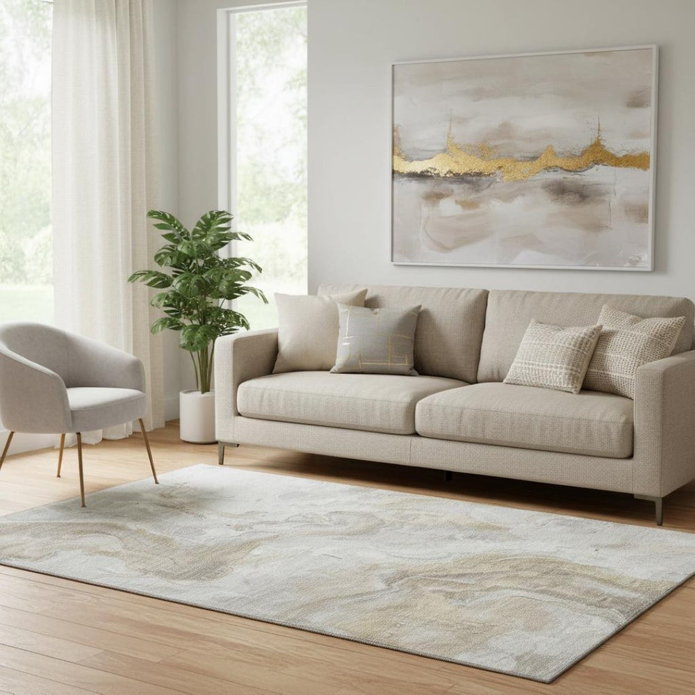 HomeRoots 5' X 8' Ivory Tan Beige Washable Area Rug with UV Protection - Modern Abstract Style for Any Space 697076
