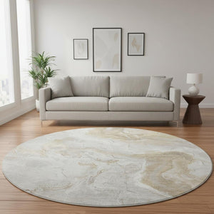 HomeRoots 8' Abstract Washable Round Rug in Ivory, Tan & Beige – UV Protected, Durable & Easy Care for Homes 697077