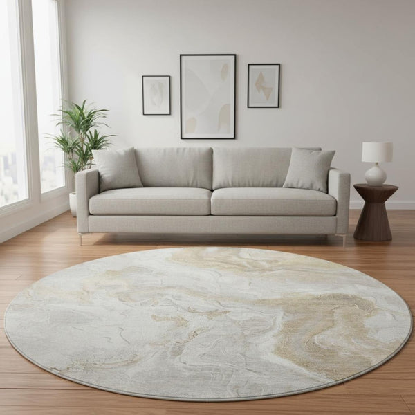 HomeRoots 8' Abstract Washable Round Rug in Ivory, Tan & Beige – UV Protected, Durable & Easy Care for Homes 697077