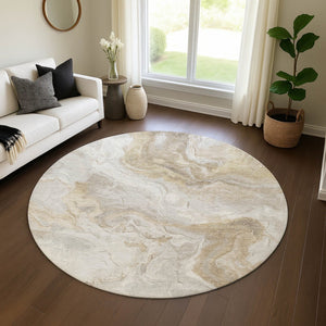 HomeRoots 8' Abstract Washable Round Rug in Ivory, Tan & Beige – UV Protected, Durable & Easy Care for Homes 697077