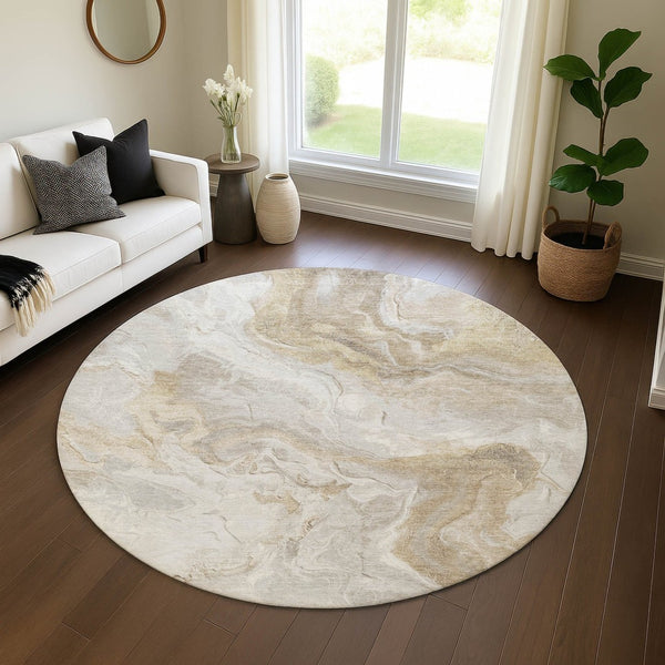 HomeRoots 8' Abstract Washable Round Rug in Ivory, Tan & Beige – UV Protected, Durable & Easy Care for Homes 697077
