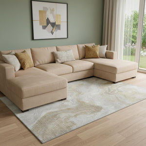 HomeRoots 8' X 10' Abstract Washable Area Rug in Ivory Tan & Beige - Durable, UV-Protected & Kid-Friendly! 697078