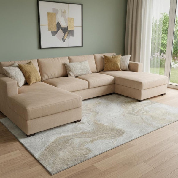 HomeRoots 8' X 10' Abstract Washable Area Rug in Ivory Tan & Beige - Durable, UV-Protected & Kid-Friendly! 697078