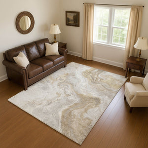 HomeRoots 8' X 10' Abstract Washable Area Rug in Ivory Tan & Beige - Durable, UV-Protected & Kid-Friendly! 697078
