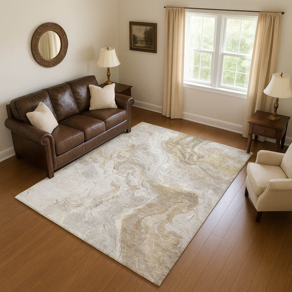 HomeRoots 8' X 10' Abstract Washable Area Rug in Ivory Tan & Beige - Durable, UV-Protected & Kid-Friendly! 697078