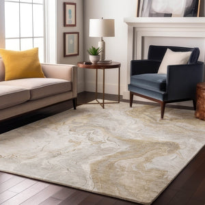 HomeRoots 8' X 10' Abstract Washable Area Rug in Ivory Tan & Beige - Durable, UV-Protected & Kid-Friendly! 697078