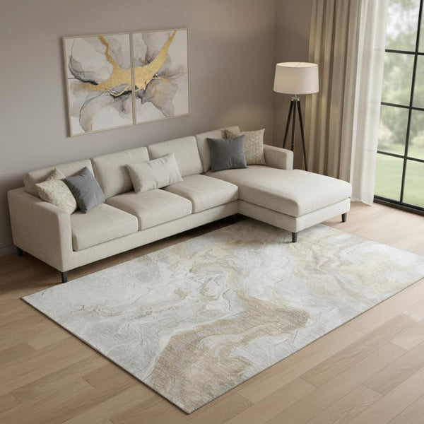 HomeRoots 9' X 12' Abstract Ivory Tan and Beige Washable Area Rug with UV Protection for Modern Homes 697079