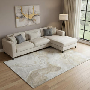 HomeRoots 10' X 14' Ivory Tan & Beige Abstract Area Rug - Durable, Washable, UV Protected for High-Traffic Spaces 697080