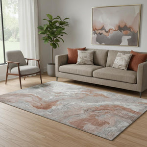 HomeRoots 5' X 8' Salmon Gray and Ivory Abstract Area Rug - Washable, UV Protected & Perfect for High Traffic Areas 697082