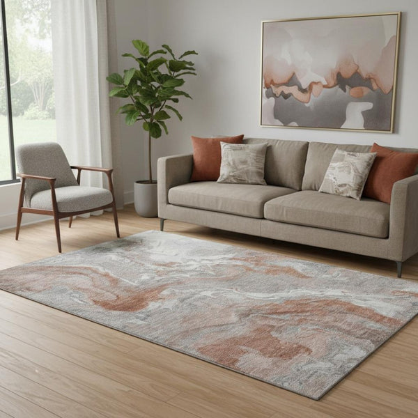 HomeRoots 5' X 8' Salmon Gray and Ivory Abstract Area Rug - Washable, UV Protected & Perfect for High Traffic Areas 697082