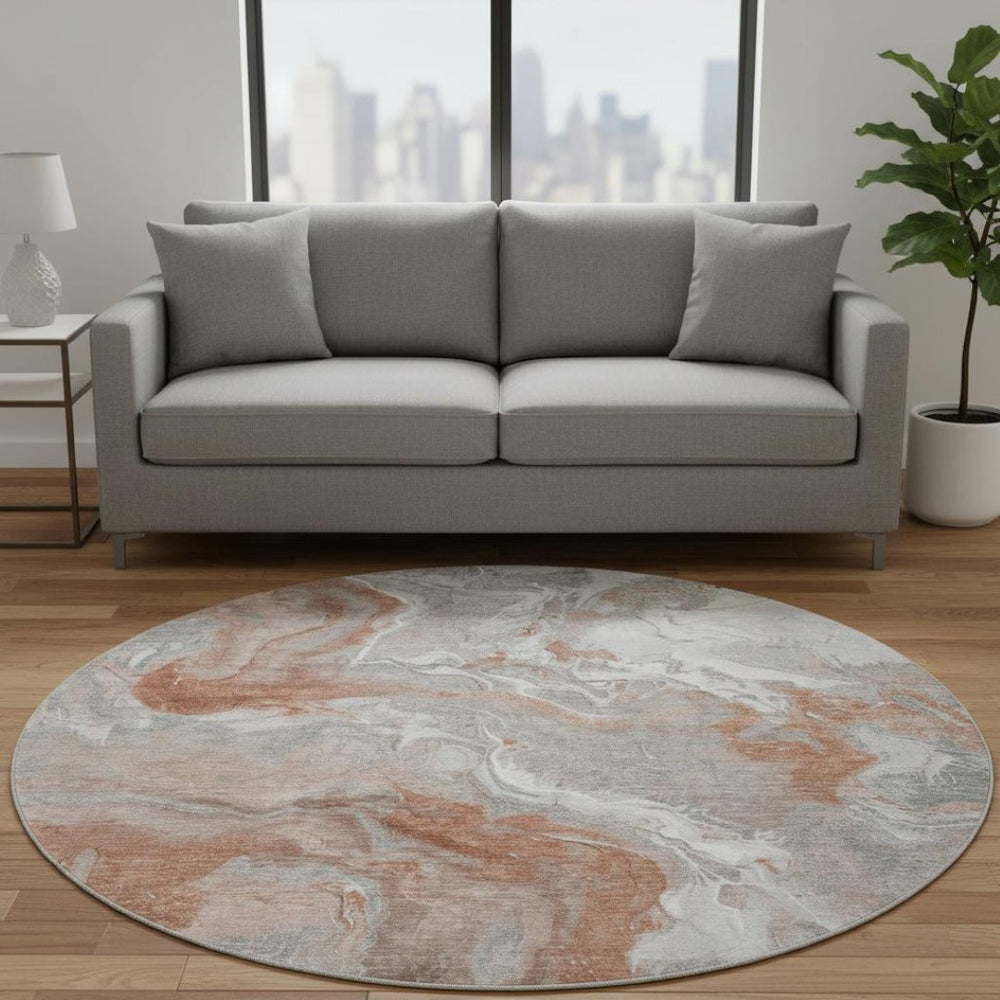HomeRoots 8' Salmon Gray & Ivory Round Rug - Stylish, Washable, UV-Protected Design for Active Homes & Pets 697083