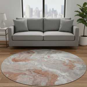 HomeRoots 8' Salmon Gray & Ivory Round Rug - Stylish, Washable, UV-Protected Design for Active Homes & Pets 697083