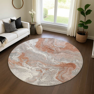 HomeRoots 8' Salmon Gray & Ivory Round Rug - Stylish, Washable, UV-Protected Design for Active Homes & Pets 697083