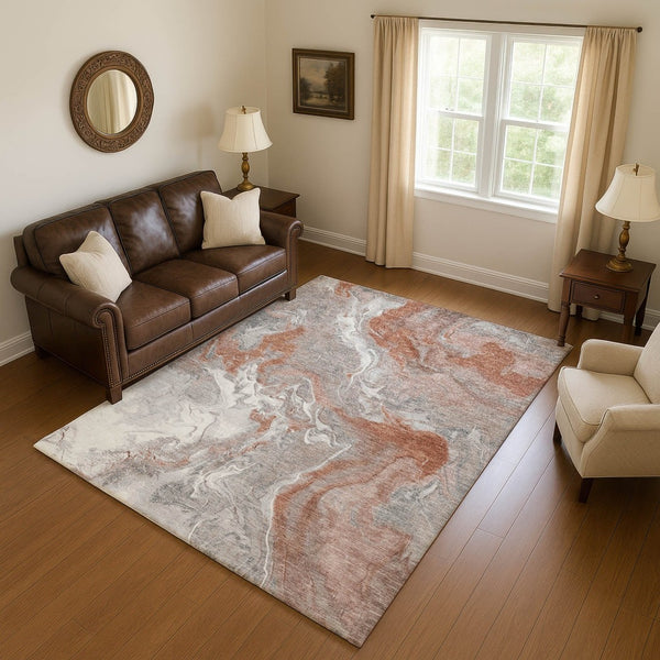 HomeRoots 8' X 10' Salmon Gray & Ivory Abstract Washable Area Rug - Durable, UV Protected, Modern Design! 697084