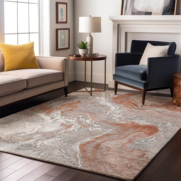 HomeRoots 8' X 10' Salmon Gray & Ivory Abstract Washable Area Rug - Durable, UV Protected, Modern Design! 697084