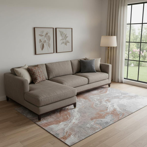 HomeRoots 10' Salmon Gray & Ivory Abstract Washable Area Rug - UV Protected, Stain-Resistant, Modern Elegance! 697086