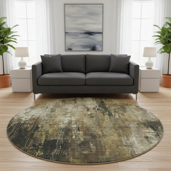 HomeRoots 8' Washable Round Rug in Beige, Charcoal & Ivory - Stylish, Durable, UV Resistant for High-Traffic Areas 697089
