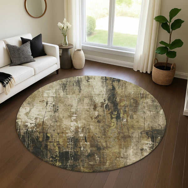 HomeRoots 8' Washable Round Rug in Beige, Charcoal & Ivory - Stylish, Durable, UV Resistant for High-Traffic Areas 697089