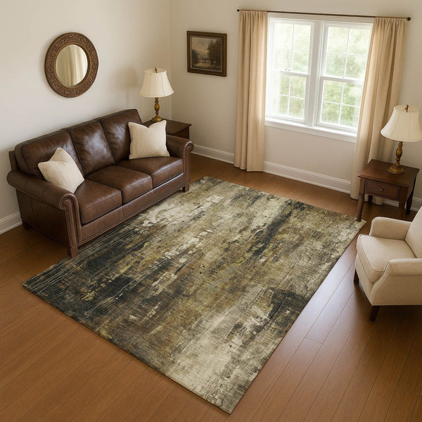 HomeRoots 9' X 12' Washable Beige Charcoal Ivory Abstract Area Rug with UV Protection for High-Traffic Homes 697091