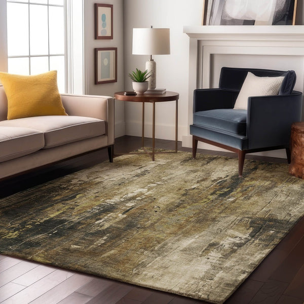 HomeRoots 9' X 12' Washable Beige Charcoal Ivory Abstract Area Rug with UV Protection for High-Traffic Homes 697091