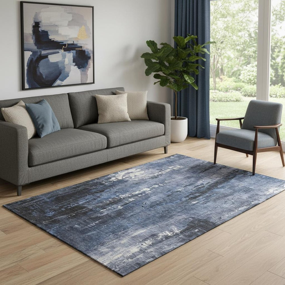 HomeRoots 5' X 8' Abstract Washable Area Rug in Blue Charcoal & Ivory – Durable, UV-Protected, Non-Slip Design 697094