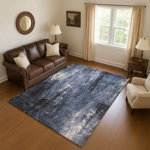 HomeRoots 5' X 8' Abstract Washable Area Rug in Blue Charcoal & Ivory – Durable, UV-Protected, Non-Slip Design 697094