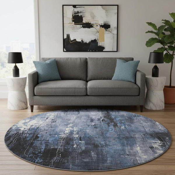 HomeRoots 8' Blue Charcoal and Ivory Abstract Round Rug – Stylish, Durable, Stain-Resistant with UV Protection! 697095