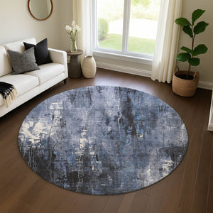 HomeRoots 8' Blue Charcoal and Ivory Abstract Round Rug – Stylish, Durable, Stain-Resistant with UV Protection! 697095