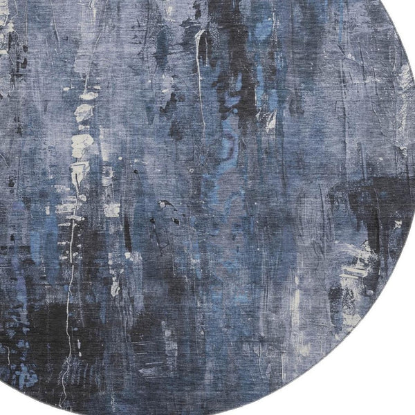 HomeRoots 8' Blue Charcoal and Ivory Abstract Round Rug – Stylish, Durable, Stain-Resistant with UV Protection! 697095