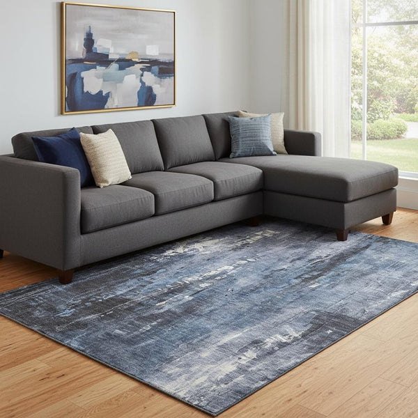 HomeRoots 8' X 10' Stylish Blue Charcoal Ivory Washable Area Rug with UV Protection for Busy Homes & Pets 697096