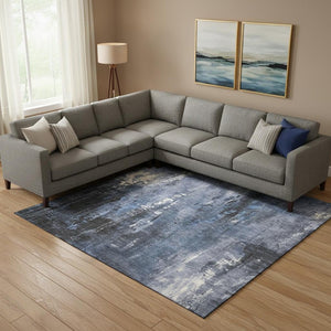 HomeRoots 9' X 12' Stylish Blue Charcoal & Ivory Abstract Area Rug - Washable, UV Protected, Stain Resistant! 697097