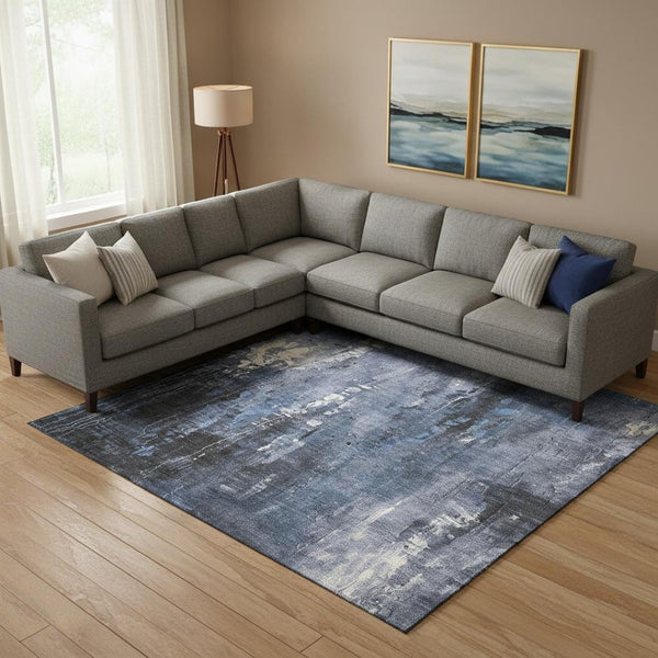 HomeRoots 9' X 12' Stylish Blue Charcoal & Ivory Abstract Area Rug - Washable, UV Protected, Stain Resistant! 697097