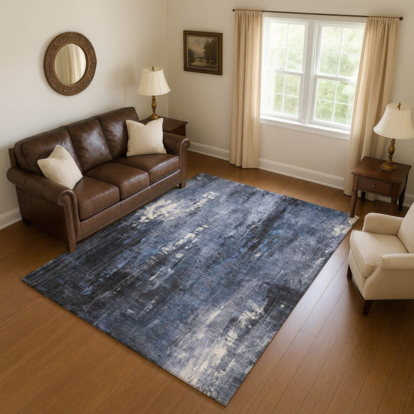 HomeRoots 9' X 12' Stylish Blue Charcoal & Ivory Abstract Area Rug - Washable, UV Protected, Stain Resistant! 697097