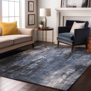 HomeRoots 9' X 12' Stylish Blue Charcoal & Ivory Abstract Area Rug - Washable, UV Protected, Stain Resistant! 697097