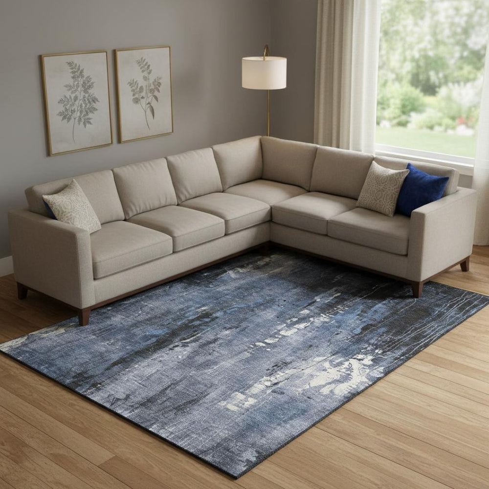 HomeRoots 10' Modern Abstract Area Rug in Blue, Charcoal & Ivory - Washable, UV Protected, Non-Slip Design 697098
