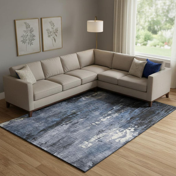 HomeRoots 10' Modern Abstract Area Rug in Blue, Charcoal & Ivory - Washable, UV Protected, Non-Slip Design 697098