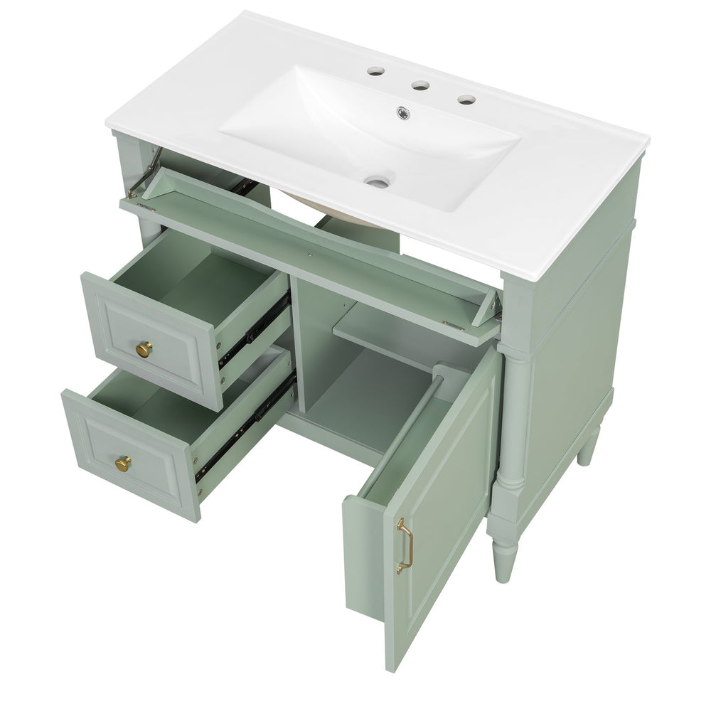 English Elm 36" Freestanding Bathroom Vanity With Stylish Ceramic Basin, Smart Storage & Elegant Green Finish N725P356064F