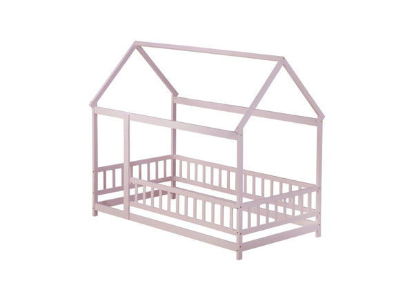 English Elm Twin Size House Floor Bed With Charming Roof Frame, Safety Guardrails & Soft Pink Finish For Kids W504P286405-GIGA