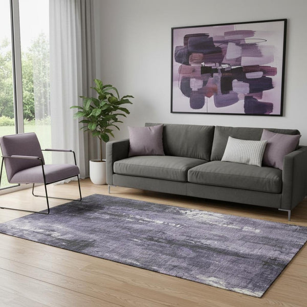 HomeRoots 5' X 8' Modern Abstract Purple, Charcoal & Ivory Washable Area Rug with UV Protection & Non-Slip Backing 697100
